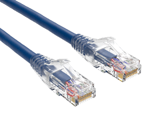 1ft Cat6 UTP snagless patch cable, 24AWG, RJ45 with 50-micron gold contacts, clear strain relief boot, blue color, for high-performance Gigabit Ethernet connections.