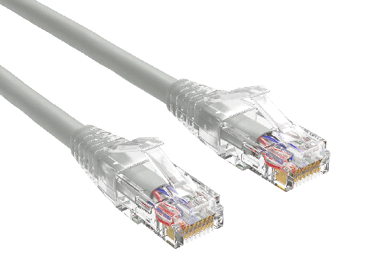 1ft Cat6 UTP snagless patch cable, 24AWG, RJ45 with 50-micron gold contacts, clear strain relief boot, grey color, for high-performance Gigabit Ethernet connections.
