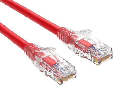 3ft Cat6 UTP snagless patch cable, 24AWG, RJ45 with 50-micron gold contacts, clear strain relief boot, red color, for high-performance Gigabit Ethernet connections.