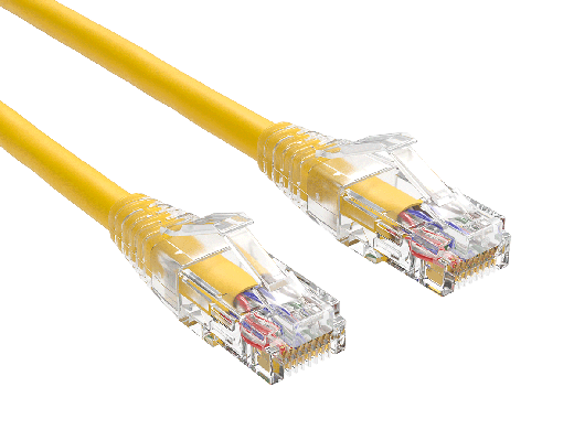 14FT Cat6 UTP snagless patch cable, 24AWG, RJ45 with 50-micron gold contacts, clear strain relief boot, yellow color, for high-performance Gigabit Ethernet connections.