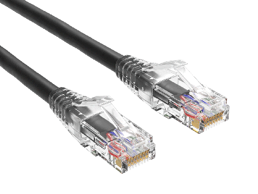 Cat6 UTP snagless patch cable, 24AWG, RJ45 with 50-micron gold contacts, clear strain relief boot, black color, for high-performance Gigabit Ethernet connections.