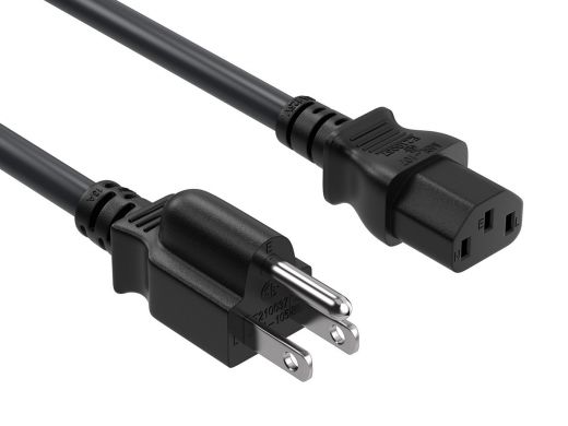 6ft 16AWG NEMA 5-15P to IEC-60320-C13 power cord, SJT, 105°C, 13A/125V, black, UL & cUL listed, CSA approved, for monitors, computers, printers, scanners, TVs, sound systems, and other devices with IEC-60320-C14 inlets.