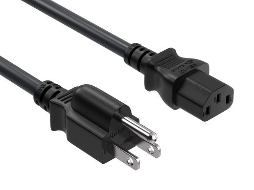 8ft 18AWG NEMA 5-15P to IEC-60320-C13 power cord, SVT, 60°C, 10A/125V, Black, UL & cUL listed, CSA approved, for monitors, computers, printers, scanners, TVs, sound systems, and other devices with IEC-60320-C14 inlets.