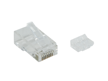 Mini Cat6a & Cat6 RJ45 Modular Plug for Round Stranded Cable, 3 Prongs, W/ Inserts, Clear, Pack of 100