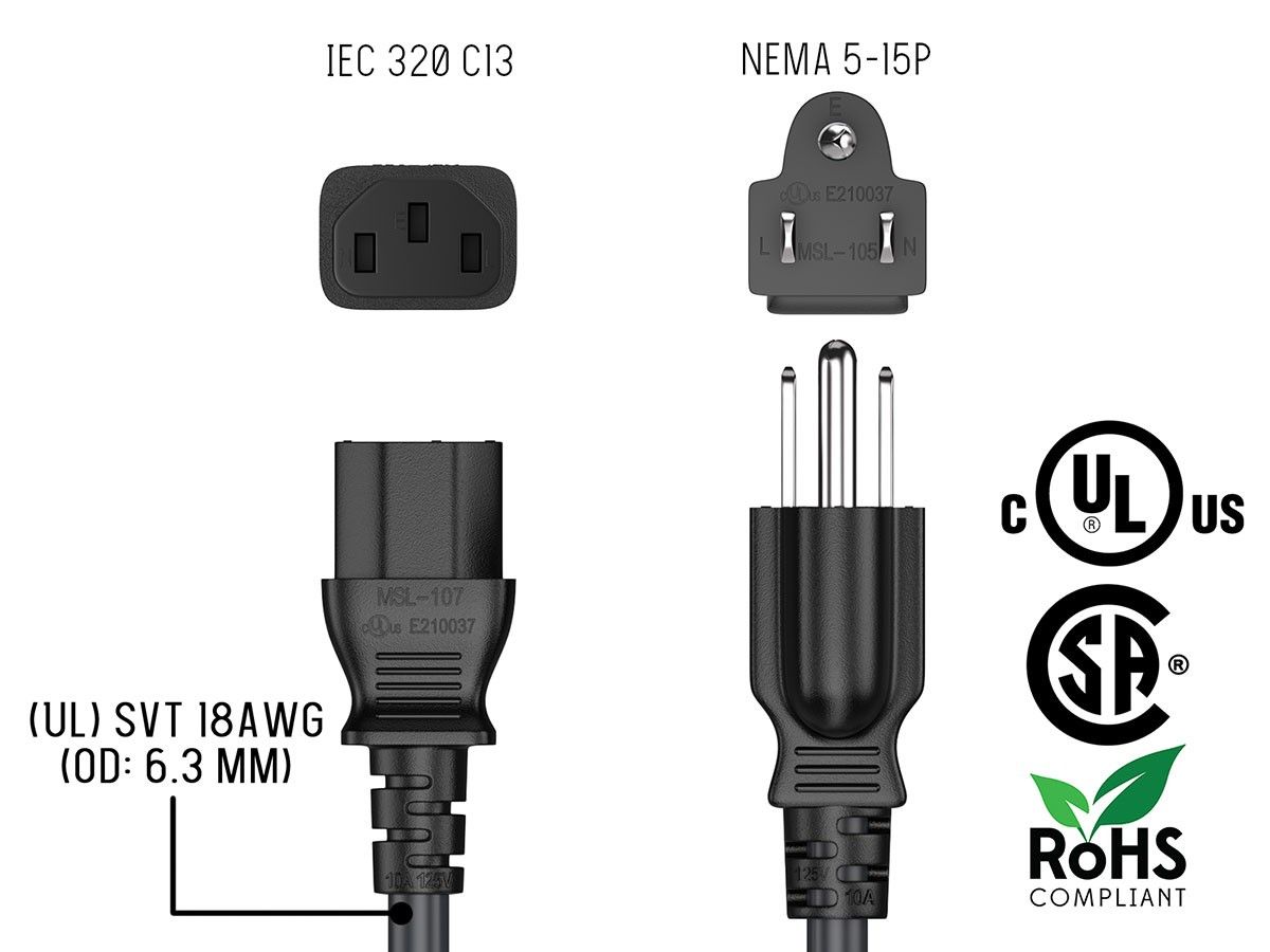 12ft Power Cord, NEMA 5-15P to C13 Cable - Computer Power Cables - External, Cables