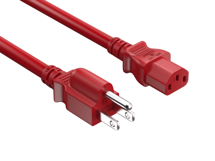 2ft NEMA 5-15P to C13 Universal  AC Power Cord 14AWG  SJT 15A/125V, Red