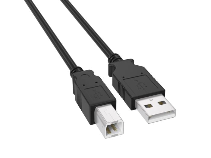 1ft USB 2.0 Type A Male to B Male cable, black color, double-shielded for 480Mbps data transfer, ideal for connecting printers, scanners, and external hard drives to computers.