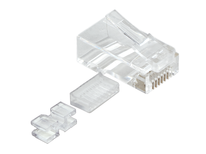 Cat6 RJ45 Modular Plug for Round Stranded Cable, 2 Prongs, W/ Inserts, Clear, Pack of 100