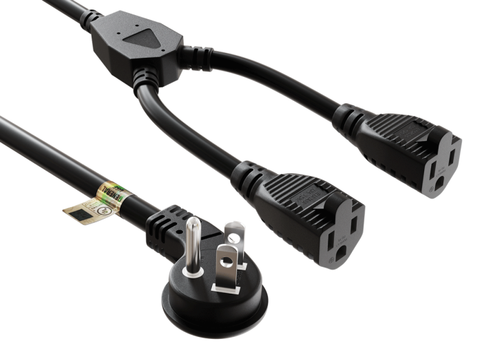 14 inches NEMA 5-15P to 2 NEMA 5-15R Low profile power cord splitter ,14AWG, SJT, 15A/125V, Black