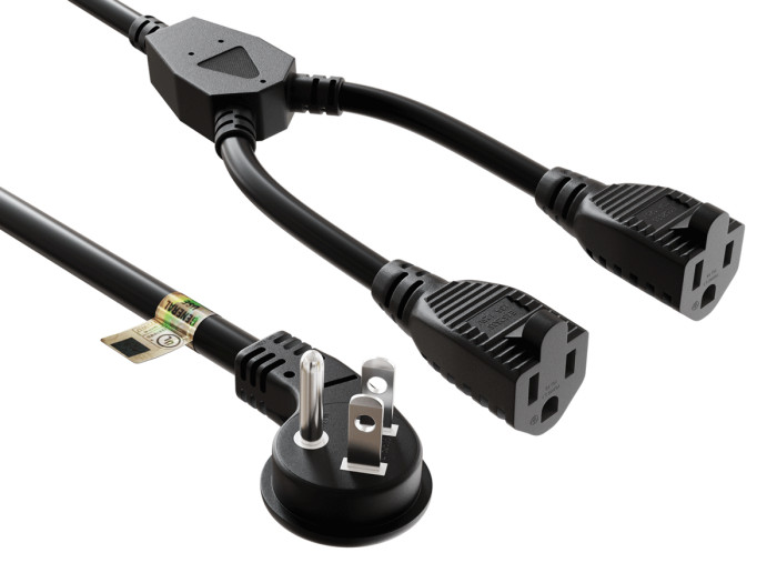 36 inches NEMA 5-15P to 2 NEMA 5-15R Low profile power cord splitter ,14AWG, SJT, 15A/125V, Black