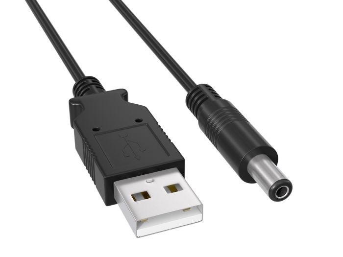 3ft USB 2.0 A Male to DC 5.5mm x 2.1mm Power Cable, 3ft black cable for powering various electronic devices from USB ports.