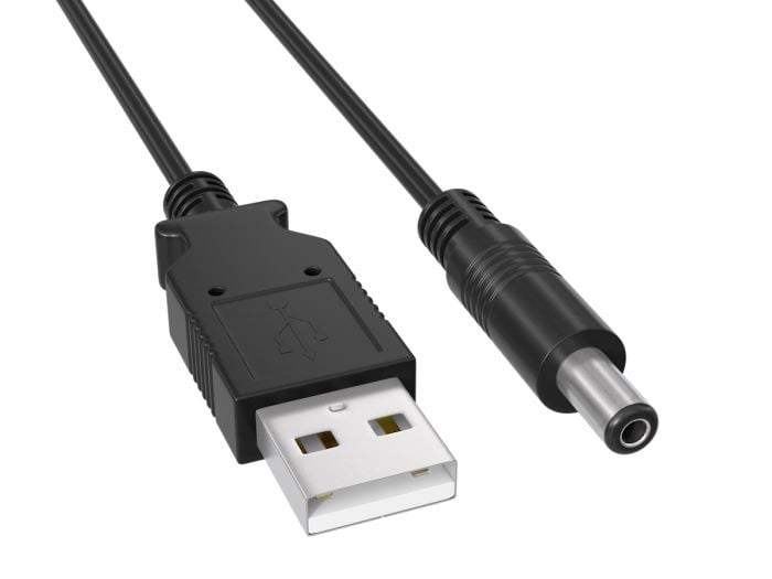 6ft USB 2.0 A Male to DC 5.5mm x 2.1mm Power Cable, 3ft black cable for powering various electronic devices from USB ports.