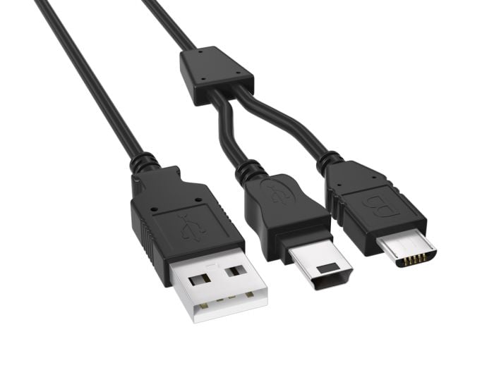 5ft USB 2.0 2-in-1 splitter cable with A Male, Mini 5-Pin Male, and Micro B Male connectors, black color, for simultaneous charging of multiple devices.