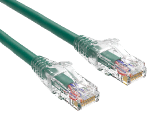 0.5FT Cat6 UTP snagless patch cable, 24AWG, RJ45 with 50-micron gold contacts, clear strain relief boot, green color, for high-performance Gigabit Ethernet connections.
