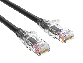 1ft Cat6 UTP Snagless patch cable, 24AWG, RJ45 with 50-micron gold contacts, clear strain relief boot, black color, for high-performance Gigabit Ethernet connections.