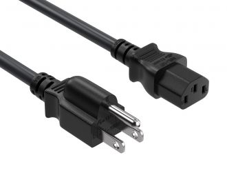 3ft 18AWG NEMA 5-15P to IEC-60320-C13 power cord, SVT, 60°C, 10A/125V, Black, UL & cUL listed, CSA approved, for monitors, computers, printers, scanners, TVs, sound systems, and other devices with IEC-60320-C14 inlets.