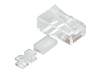 Cat6 RJ45 Modular Plug for Round Stranded Cable, 2 Prongs, W/ Inserts, Clear, Pack of 100