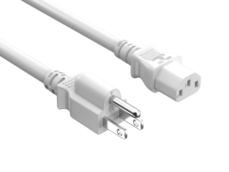3ft 18AWG NEMA 5-15P to IEC-60320-C13 power cord, SVT, 60°C, 10A/125V, White, UL & cUL listed, CSA approved, for monitors, computers, printers, scanners, TVs, sound systems, and other devices with IEC-60320-C14 inlets.